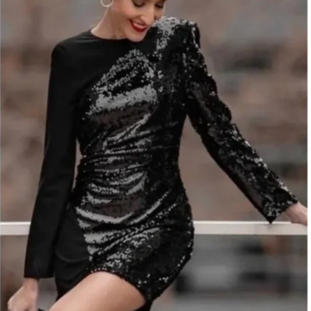 ZARA CONTRAST SEQUIN DRESS Black Size XL